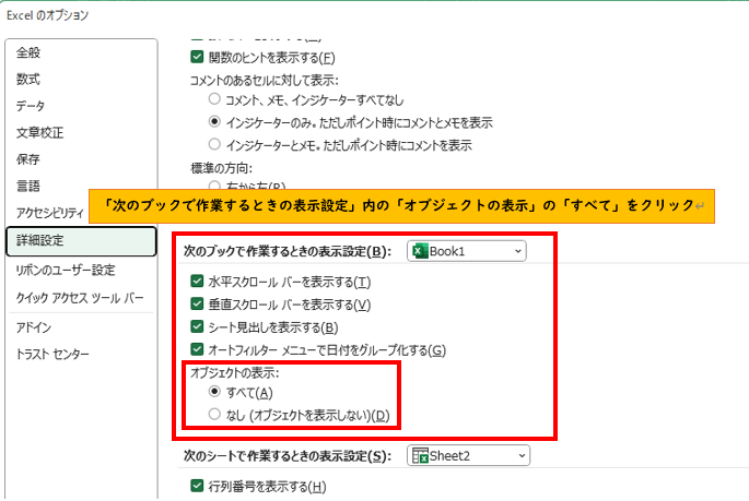 「次のブックで作業するときの表示設定」から「オブジェクトの表示」の「すべて」にチェックをいれる